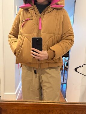Women’s Puffer Jacket in Camel with Pink Lining
